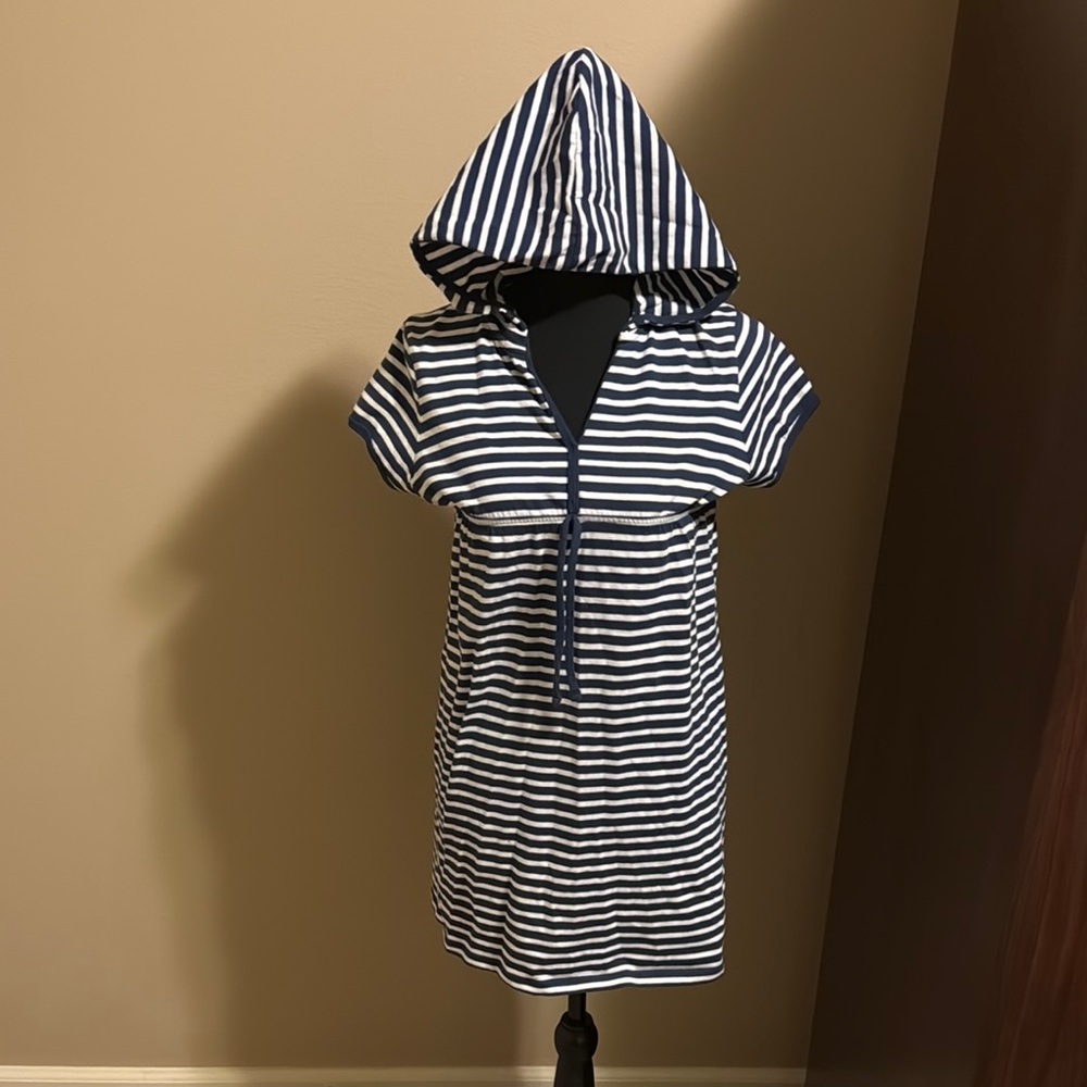 Navy Blue & White Xhilaration Girls Nautical Striped Hooded Dress